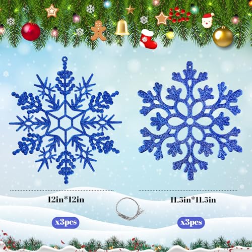 6pcs Large Navy Blue Snowflakes Ornaments 12" Big Plastic Glitter Snowflake for Winter Indoor Outdoor Christmas Tree Window Room Decorations Giant Craft Snowflakes (6 Count)