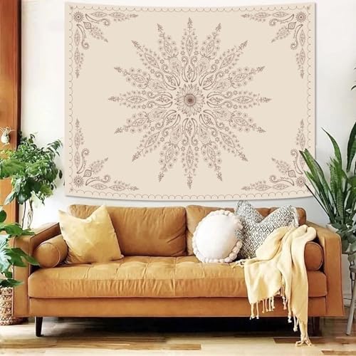 Boho Floral Mandala Tapestry for Bedroom Aesthetic Bohemian Flower Wall Tapestry Beige Hippie Indian Small Tapestries Wall Hanging for Living Room Dorm Decor 48 x 36 Inch