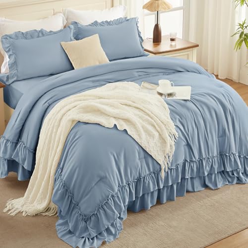 Grayish Blue Super King Plus Ruffle Comforter Set
