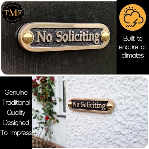 No Soliciting Brass Door Sign. Traditional Style Home Décor Wall Plaque Handmade By The Metal Foundry UK