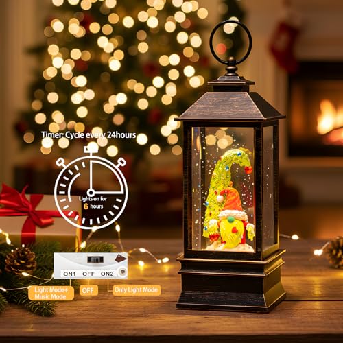 10'' Christmas Gnomes Snow Globe Lantern Lighted Whimsical Christmas Tree & Scandinavian Santa Elf Musical Water Lantern Swirling Glittering Home Decoration and Gift