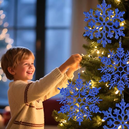 6pcs Large Navy Blue Snowflakes Ornaments 12" Big Plastic Glitter Snowflake for Winter Indoor Outdoor Christmas Tree Window Room Decorations Giant Craft Snowflakes (6 Count)