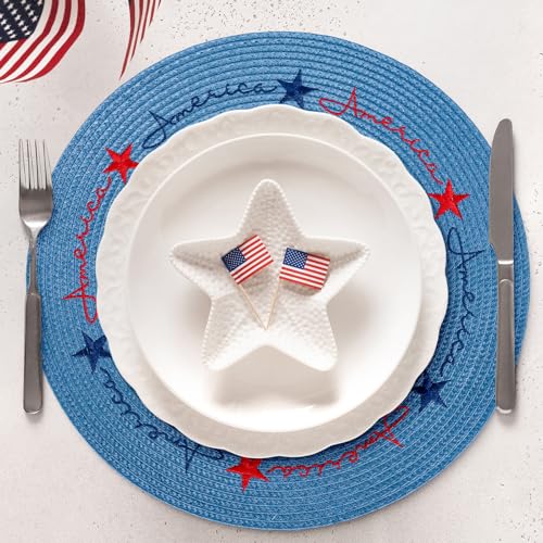 4Pcs Round Patriotic Placemats Stars Embroidered Place Mats 4th of July Dinner Table Mats for Independence Day 250th Anniversary Home Birthday Party Decor (4 Count)