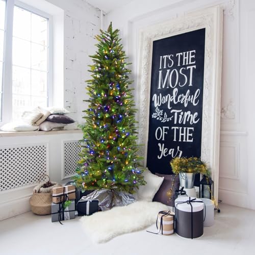 9 Ft. Carmel Pine Slim Artificial Christmas Tree with Dual Multicolor & Warm White LED Lights and Stand