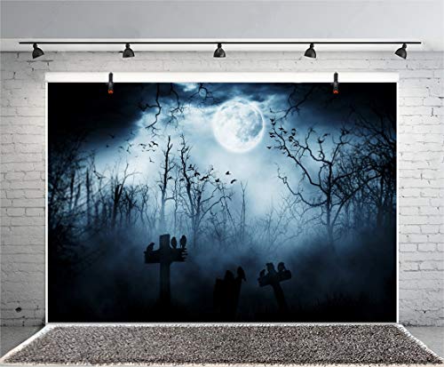 7x5ft Spooky Halloween Graveyard Backdrop Foggy Full Moon Horror Scene
