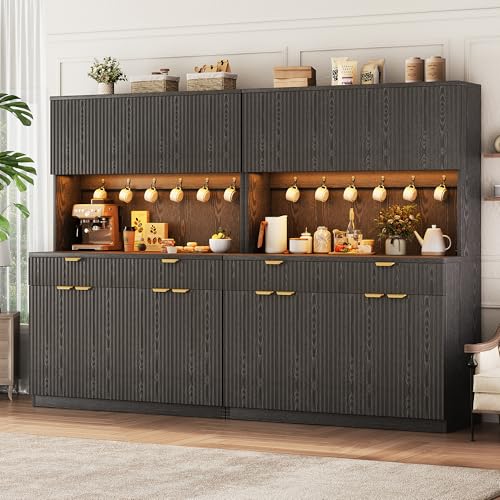 Fluted Kitchen Pantry Storage Cabinet with Charging Station & LED Lights