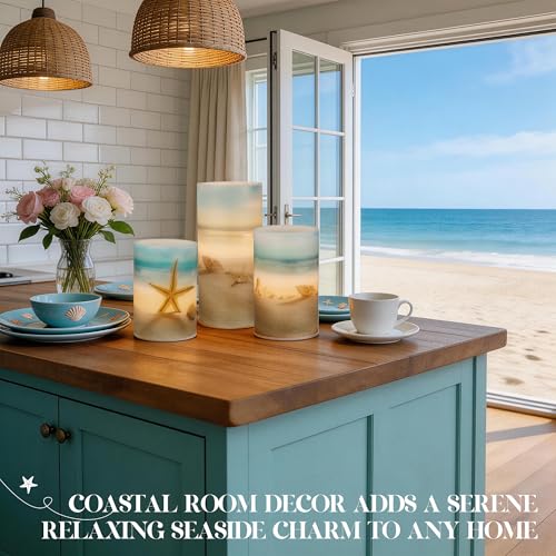 Beach Coastal Ocean Decor Seashell & Starfish Battery Flameless LED Candles (3 Count)