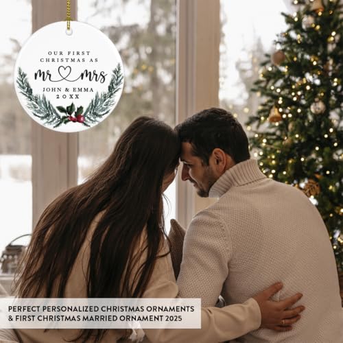 Personalized Our First Christmas As Mr. & Mrs. Christmas Ornaments Holly & Pine Wreath 2.8" Round Porcelain Ceramic Custom 1St Year Married Christmas Ornament 2026 for Newlyweds 1