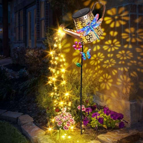 Large Solar Watering Can Lights with Dragonfly Outdoor Garden Decor Gifts