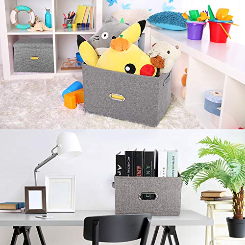Large Linen Fabric Foldable Storage Bins with Removable Lid and Handles (2 Count)