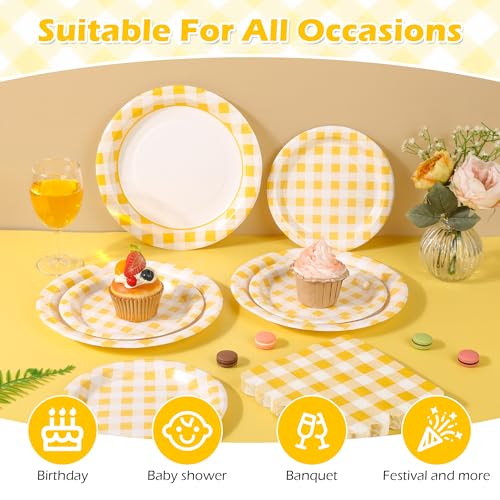 150 Pcs Yellow Gingham Paper Plates and Napkins (150 Count)