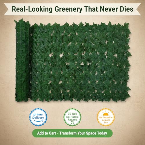Faux Ivy Privacy Fence Screen Outdoor Expandable Artificial Greenery Roll Fake Hedge Wall Patio Green Plastic Leaf Plant Vine Grass Panels Gate Covering for Garden Yard Balcony (108 Sq Ft)