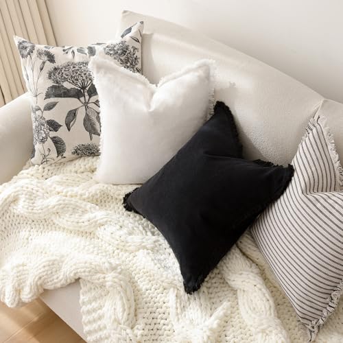 Decorative Linen Fringe Throw Pillow Covers 16×16 Inch (2 Count)