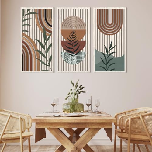 Large Boho Wood Wall Art 16x32 Inch Mid Century Modern Bohemian Wooden Wall Decor Brown Minimalist Geometric Plant Decor for Bedroom Living Room Dining Room Set of 3 (3 Count)