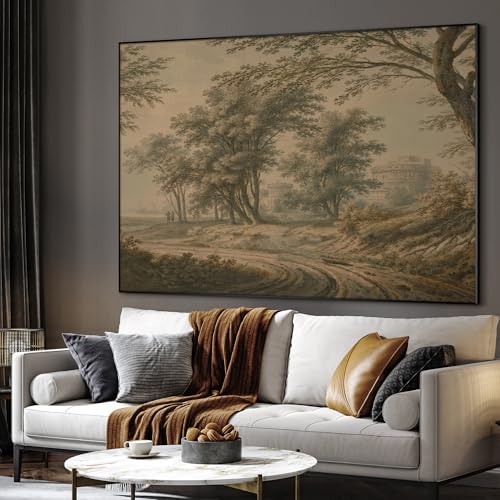 60"x72" Extra Large Framed Wall Art Antique Sepia Landscape with Trees and Historic Architecture for Home Living Room Bedroom Decor