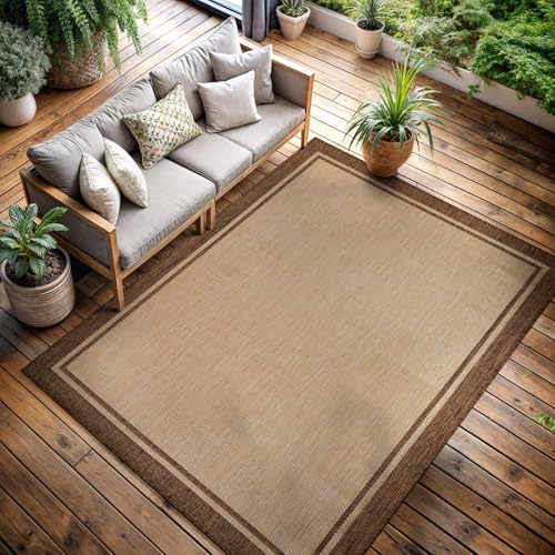 Outdoor Rug 5x7 Bordered Natural Brown Modern Area Rugs for Indoor and Outdoor Patios (5040 sq in Count)