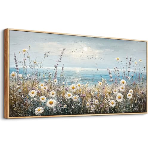 Large Canvas Wall Decor For Living Room Restaurant Wall Art For Bedroom Office Mural Blue Ocean Painting Flowers Watercolour Wall Pictures Printing Artworks Home Decor Wood Framed 24x48In