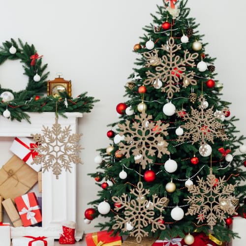 12pcs Large Champagne Gold Snowflakes Ornaments 12” Big Plastic Glitter Snowflake for Winter Indoor Outdoor Christmas Tree Window Room Decorations Giant Craft Snowflakes (12 Count)