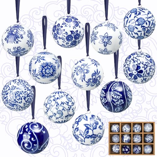 12 Pcs Blue and White Christmas Porcelain Balls (12 Count)