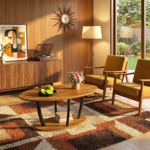 Rustic Oval Coffee Table with Storage Shelf