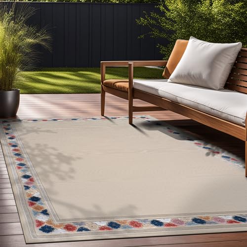 Outdoor Rug 9x12 Modern Bordered Large Area Rugs for Indoor and Outdoor Patio Easy to Clean Non Shedding Living Room Porch Garden Washable Outside Carpet