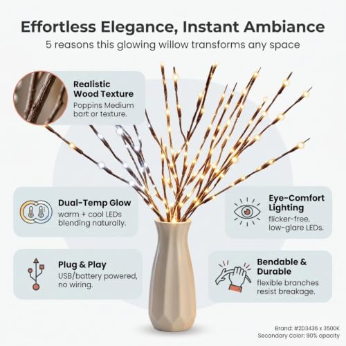 2Pack Warmlight + 2Pack Whitelight Led Branch Light Battery Operated Lighted Branch Vase Filler Willow Tree Artificial Little Twig Power Brown 30 Inch 20 LED for Home Decoration