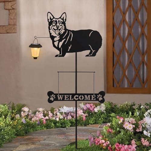 Solar Corgi Silhouette Dog Breed Welcome Sign with a Lantern