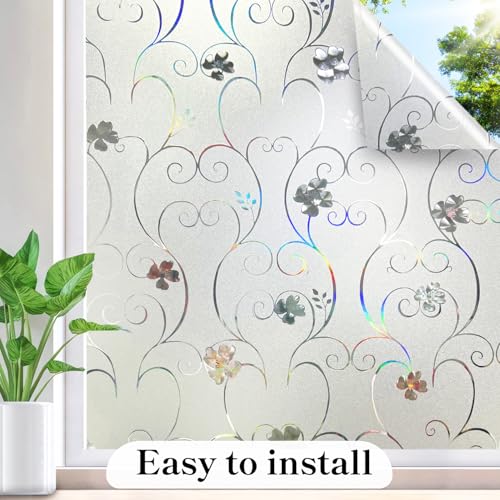 Window Privacy Film 3D Flower Pattern Stained Glass Window Film Frosted Rainbow Window Film Decorative Decals Removable Static Clings Vinyl Anti UV Window Cling for Home 23.6 x 118 inches