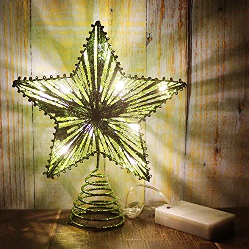 Green Glittered 3D Tree Top Star with Warm White LED Lights and Timer for Christmas Tree Decoration and Holiday Seasonal Décor