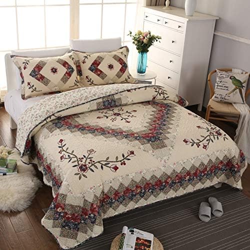 Beige Floral Embroidered Quilt Set King Size 100% Cotton Ethnic Patchwork Bedspread Coverlet Country Rustic Embroidery Reversible Geometric Bedding Cover Set Soft Cotton Comforter Cover (3 Count)