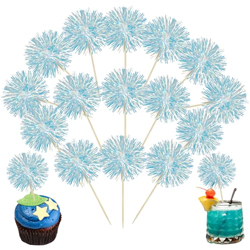30Pcs Foil Firework Cupcake Toppers Party Birthday Cake Toppers Supplies Sparkle Tinsel Cocktail Fruit Toothpick for Birthday Wedding Graduation Party Blue (30 Count)