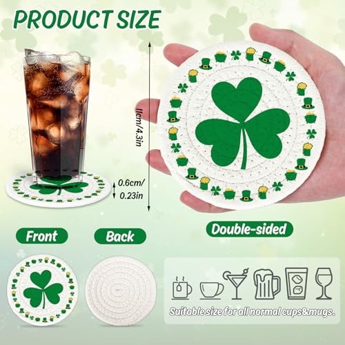 4Pcs St. Patrick's Day Handmade Braided Drink Coasters Shamrock Lucky Clover Cotton Coasters Irish Green Absorbent Cup Mat Tabletop Protection for Home Office Party Tableware (4 Count)