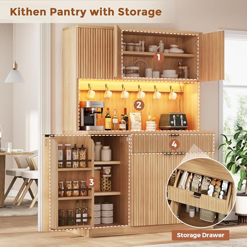 Fluted Kitchen Pantry Storage Cabinet with Charging Station & LED Lights