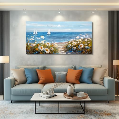 Home Decor Printing Canvas Picture Blue Ocean Landscape Painting Wall Art For Living Room Farmhouse Dinin Mural White Flowers Bedroom Office Wall Decoration Artwork Easy To Hang 20x40 In