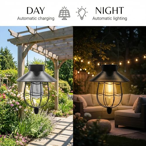 2 Pack Solar Lantern Hanging Waterproof Outdoor Metal Solar Lamp with Warm White Light Decorate for Yard Garden Pathway Patio Porch Decor