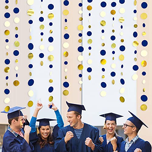 Navy Blue and Gold Circle Dots Garland Royal Blue Hanging Paper Polka Dot Streamer for Birthday Wedding Bridal Shower Graduations Nautical Ahoy Achor Pirate Themed Party Decorations Supplies
