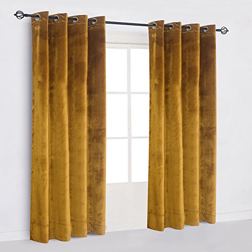 Super Soft Luxury Velvet Warm Yellow Blackout Velvet Energy Efficient Grommet Curtain Panel Drapes Ginger Mustard Curtain Panels 52Wx96L