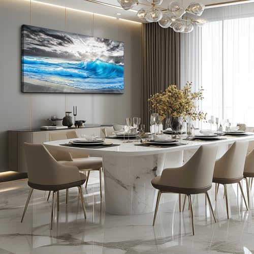 Beach Canvas Wall Art Blue Sea Wave Ocean Painting 20x40 In