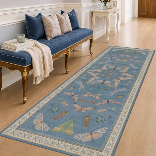 Vintage Blue Insect Hallway Runner Rug 3x8 Long (24 Sq Ft)