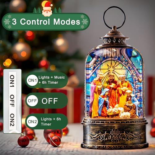 Christmas Snow Globe Water Lantern with Nativity Scene Battery Operated or USB Powered Musical Lighted Holiday Decoration for Tabletop Display for Family and Friends