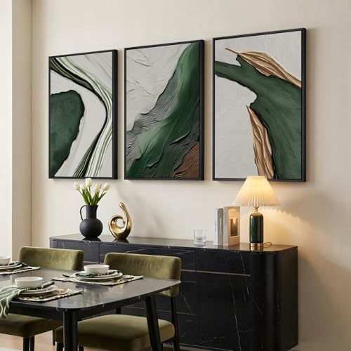 Large Framed Green White Abstract Wall Art for Living Room (3 Count)