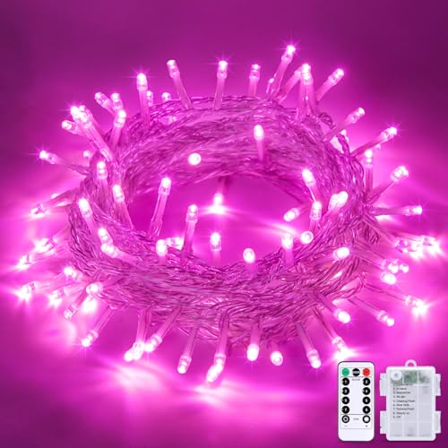 33ft 100 LED Pink Battery Operated Lights with 8 Modes Remote (100 Count)
