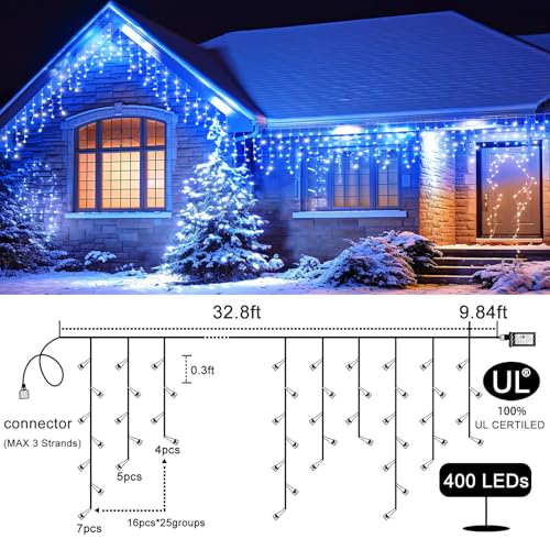 33FT Icicle Lights for Outside 400 LED Blue and White Christmas Lights