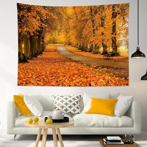 Fall Orange Forest Tapestry Nature Landscape Autumn Maple Tree with Vintage Road Wall Tapestry Modern Aesthetic Wall Art for Office Bedroom