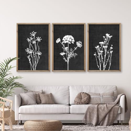 Flower Plant Wall Art Decor 24"x16" Set of 3 Black And White Wood Black (3 Count)