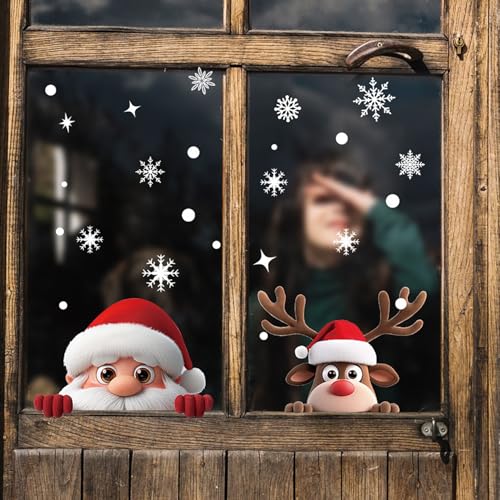 Christmas Window Clings for Glass 2 Sheet Santa Window Decals with Reindeer Designs Window Stickers Cute Windows Cling for Winter Party Supplies Home School Office Glass Decorations (2 Count)