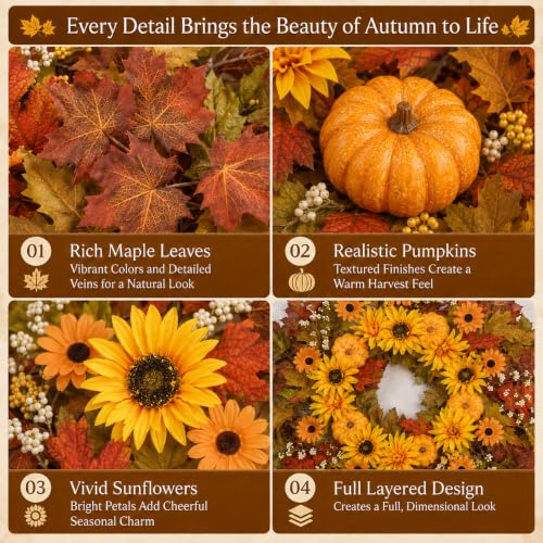 28 Inch Fall Wreath for Front Door Outside Large Artificial Autumn Wreath with Orange Sunflowers Maple Leaves Pumpkins Fall Decoration for Home Farmhouse Door Wreath for Harvest Thanksgiving