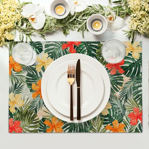 Tropical Palm Leaves Table Mats Set of 4 Summer Watercolor Hibiscus Flower Leaf Placement Mats for Dining Table Washable Non (4 Count)