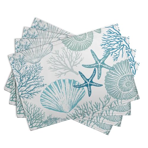 Nautical Coastal Blue Placemats Set of 4 Summer Teal Turquoise Beach Theme Linen Table Mats Ocean Coral Seashell Starfish Decorative Place Mats for Party Kitchen Dining Outdoor Indoor Decor