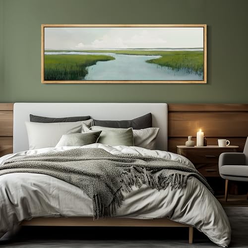 Large Framed Canvas Print Wall Art Serene Marshland Landscape Green and Blue Peaceful Illustrations Antique Retro Fine Art Illustrations Decorative Colorful for Bedroom